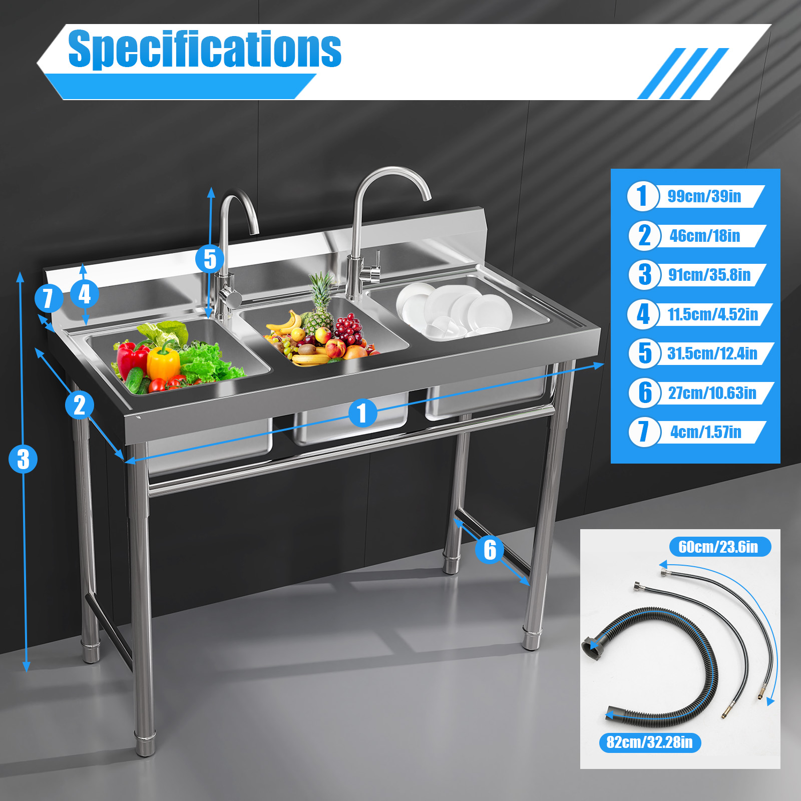 304 Stainless Steel 3 Basin Ki - Commercial Kitchen Taps review and price